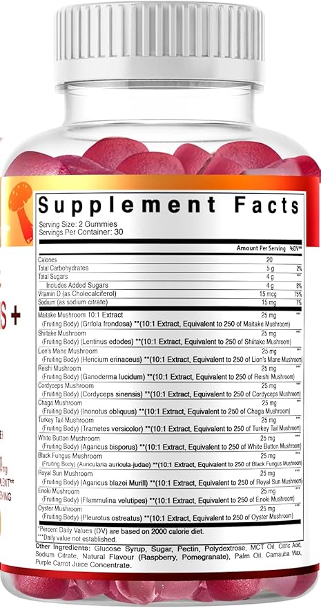 Vitamatic Mushroom Complex with D3, 60 Pectin Based Gummies, (Pack of 2)