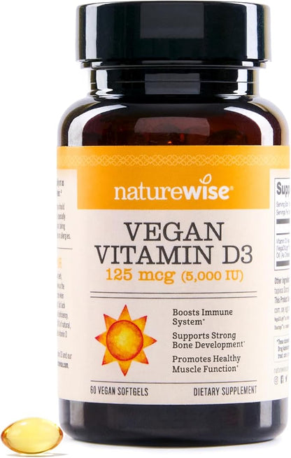NatureWise Vegan Vitamin D3 5000iu (125 mcg) Organic D3 from Lichen - Supports Immune, Muscle, Bone Health - High Absorption with Organic Cold-Pressed Olive Oil - Non-GMO - 60 Softgels[2-Month Supply]
