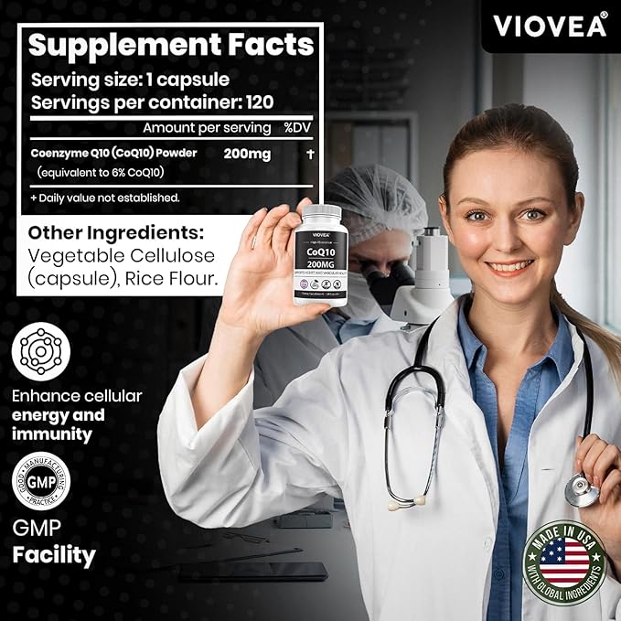 CoQ10 - Made in USA, 120 Capsules, 200mg (4-Month Supply), Ultra High Absorption Coenzyme Q10 Supplement - Antioxidant for Heart, Vascular Health and Energy Boost