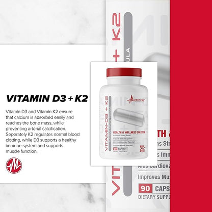 Metabolic Nutrition Vitamin D3 + K2, Bone and Heart Health Formula, Immune Support, 90 Veggie Caps 7000IU per Capsule Max Dose