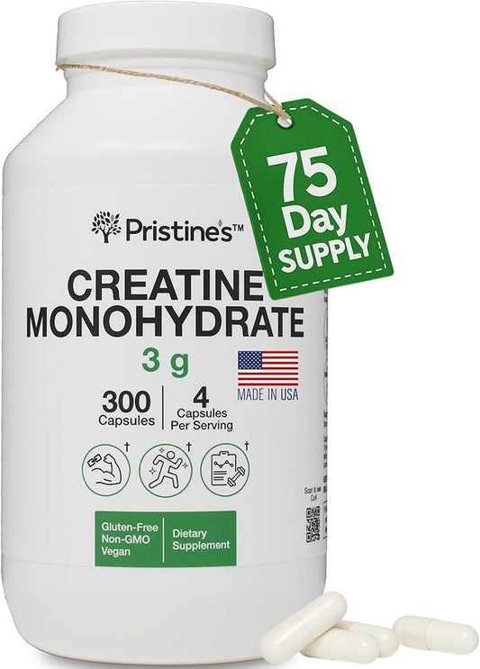 PRISTINE'S Creatine Monohydrate Capsules for Women & Men - No Bloat 75 Day Supply 3G Muscle Growth Support Supplement - Cognitive & Athletic Performance Support - Enhanced Recovery