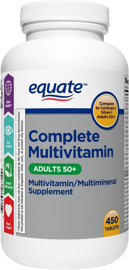 Equate Adult 50+ One Daily Complete Multivitamin Multimineral Supplement Tablets, Healthy Brain* - Compare to Centrum Silver, 450 Tablets (Pack of 1)