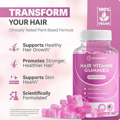 Rosabella Hair Growth Gummies for Women & Men – Vegan Hair Gummies with 5000mcg Biotin – Hair Vitamins for Strong, Healthy-Looking Hair – Gummy Biotin Supplement – 60 Count