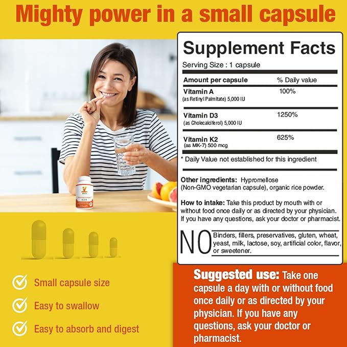 INVITA ADK - Vitamins A1, Vitamin D3 5000 IU & K2 MK7 Supplement - Physician Formulated Bone & Immune System Support - Gluten Free, Non-GMO - 180 Vegetarian Capsules for Men & Women