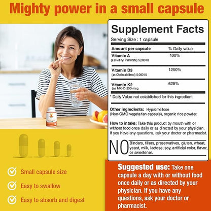 INVITA ADK - Vitamins A1, Vitamin D3 5000 IU & K2 MK7 Supplement - Physician Formulated Bone & Immune System Support - Gluten Free, Non-GMO - 180 Vegetarian Capsules for Men & Women