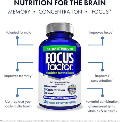 Focus Factor Adults Extra Strength, 120 Count - Brain Supplement for Memory, Concentration and Focus - Complete Multivitamin with DMAE, Vitamin D, DHA - Trusted Health Vitamins