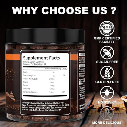 Coffee Flavor Creatine Monohydrate Gummies for Men & Women,Contains L-Taurine + Vitamin B12, Betaine, L-Citrulline for Improve Exercise Endurance, Muscle Strength -120 Count