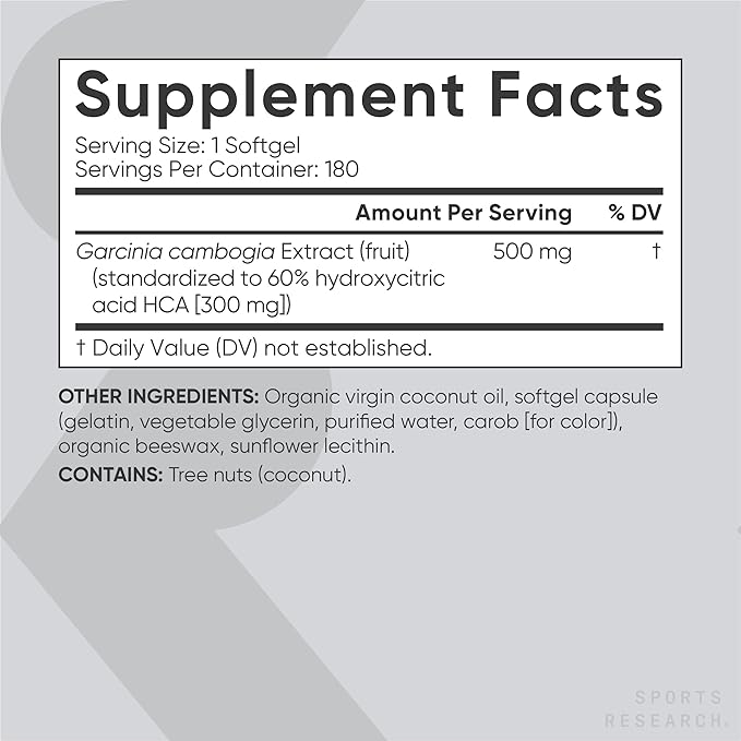 Sports Research Garcinia Cambogia Extract (60% HCA) with Extra Virgin Organic Coconut Oil | Non-GMO, Soy & Gluten Free (180 Liquid Softgels)