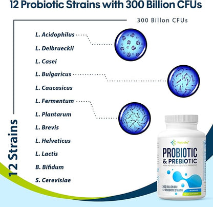 Probiotics for Women and Men, 300 Billion CFU Probiotics from 12 Strains Probiotic, Organic Prebiotics Blend, Probiotic Supplement for Gut Immune & Digestive Health, Shelf Stable, 240 Capsules