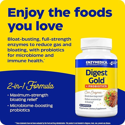 Enzymedica Digest Gold + Probiotics, 2-in-1 Formula for Gut Health, Digestive Enzymes & 1.5 Billion Active Probiotic Cultures, 90 Count