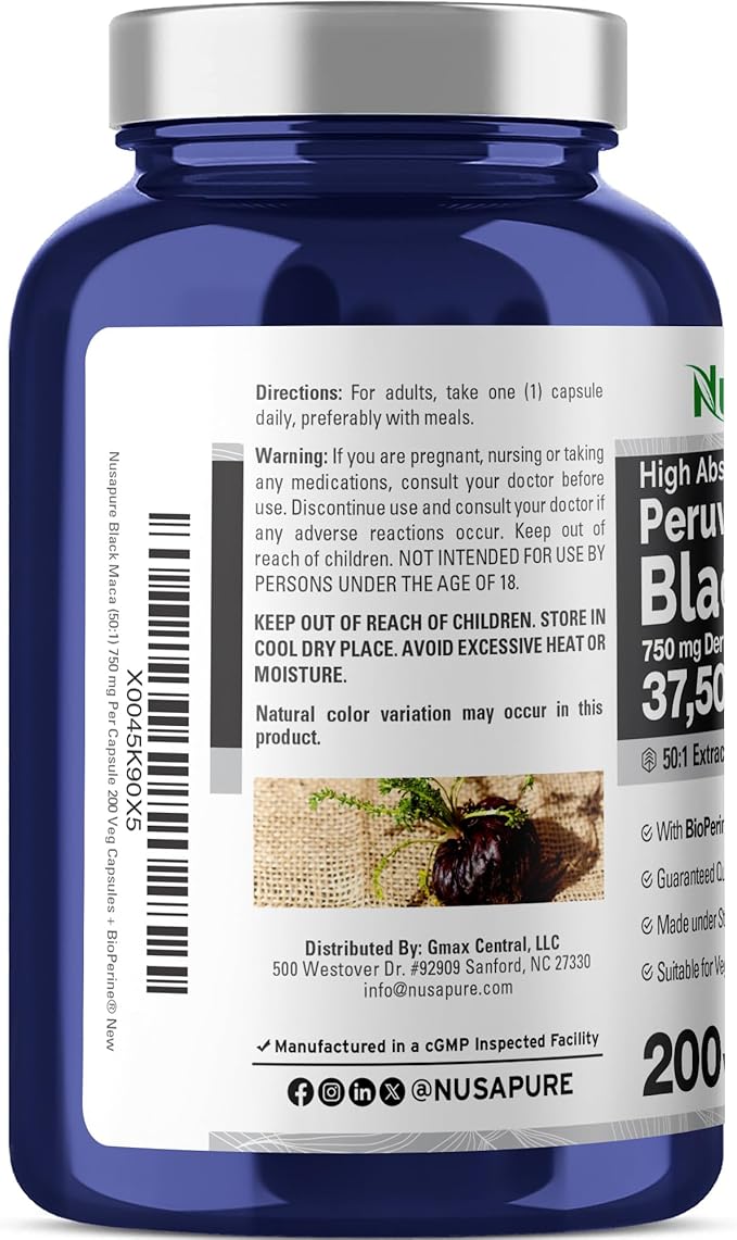 NusaPure Black Maca Root 50:1 Extract, 750 mg Equivalent to 37,500 mg 200 Veggie Per Caps (Vegan, Non-GMO)