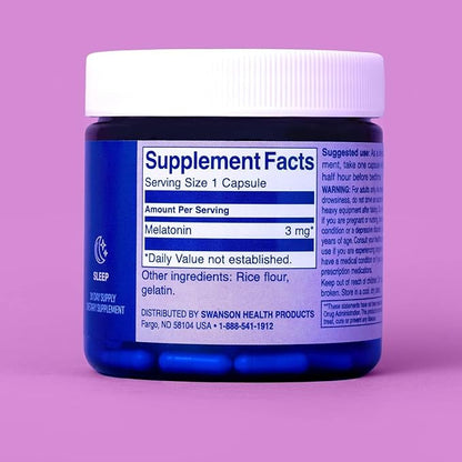 Swanson WIO melatonin 101 for Better Sleep, Relax, Relaxation, Circadian Sleep Cycle Support, 3 mg Melatonin, Wellness - 4 oz Bottle, 30 Capsules (30-Day Supply)