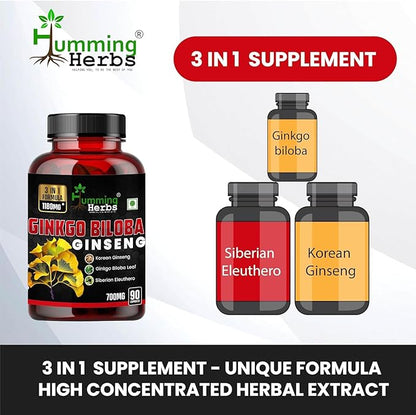 Ginkgo Biloba & Korean Ginseng Supplement – 700mg with Siberian Eleuthero Supports Brain Function, Energy, & Immune – 90 Capsules
