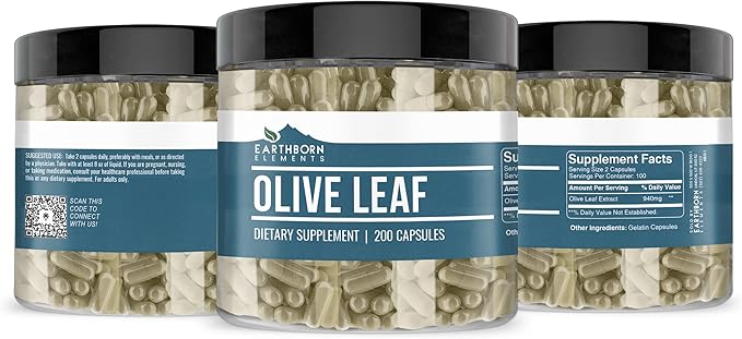 Earthborn Elements Olive Leaf Extract 200 Capsules, Pure & Undiluted, No Additives