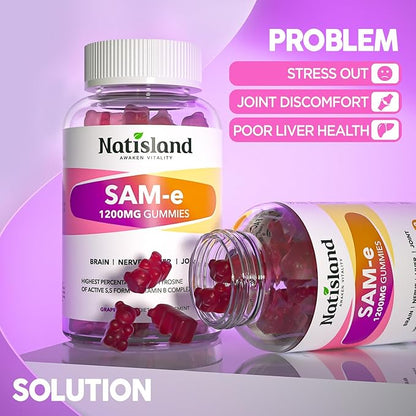 SAM-e with L-Tyrosine Gummies, Methylated Vitamin B-Complex & NAC, 1200mg SAM e Supplement, Methyl Folate and B12, for Stress Relief & Brain Support, Liver & Joint Health, Gluten-Free, Vegan, 60 Ct