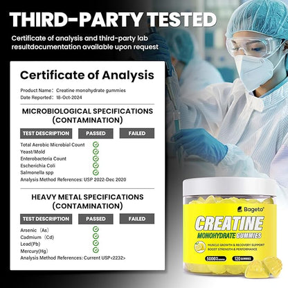 Creatine Monohydrate Gummies 5g for Men Women,Sugar Free Chewables Creatine Pre-Workout for Muscle Strength, Lemon Flavor, 120 Count