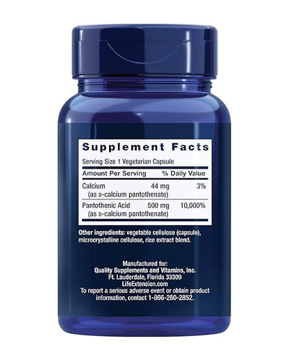 Life Extension Pantothenic Acid, 500 mg, Vitamin B5, Calcium, Support Healthy Metabolism, Mitochondrial Energy Production, Gluten-Free, Non-GMO, Vegetarian, 100 Capsules