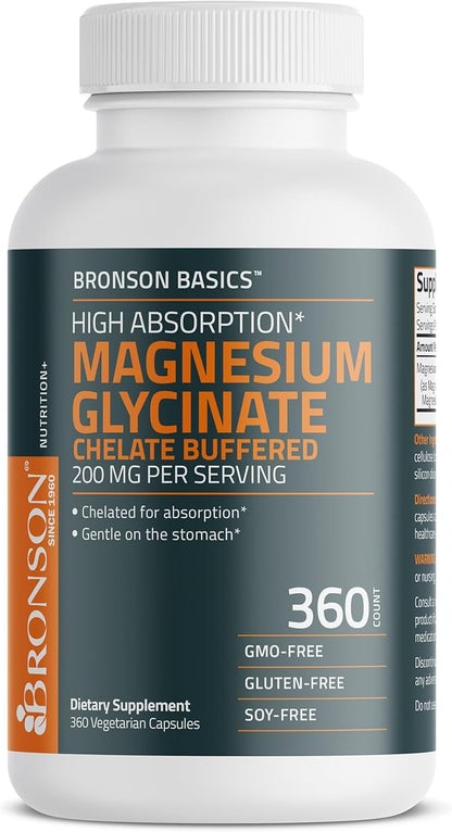Bronson Magnesium Glycinate 200mg High Absorption Chelated Buffered Gentle On The Stomach Non-GMO, 360 Vegetarian Capsules