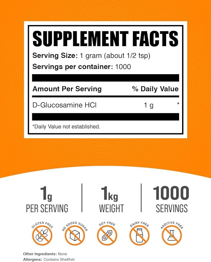 BulkSupplements.com Glucosamine HCl Powder - Glucosamine 1000mg, Glucosamine Supplement, Glucosamine Powder - Gluten Free, 1000mg per Serving, 1kg (2.2 lbs) (Pack of 1)