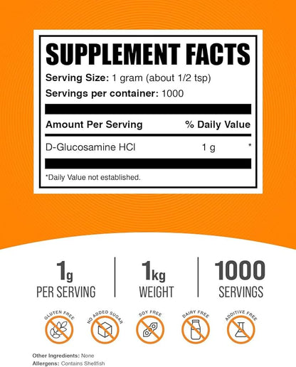 BulkSupplements.com Glucosamine HCl Powder - Glucosamine 1000mg, Glucosamine Supplement, Glucosamine Powder - Gluten Free, 1000mg per Serving, 1kg (2.2 lbs) (Pack of 1)