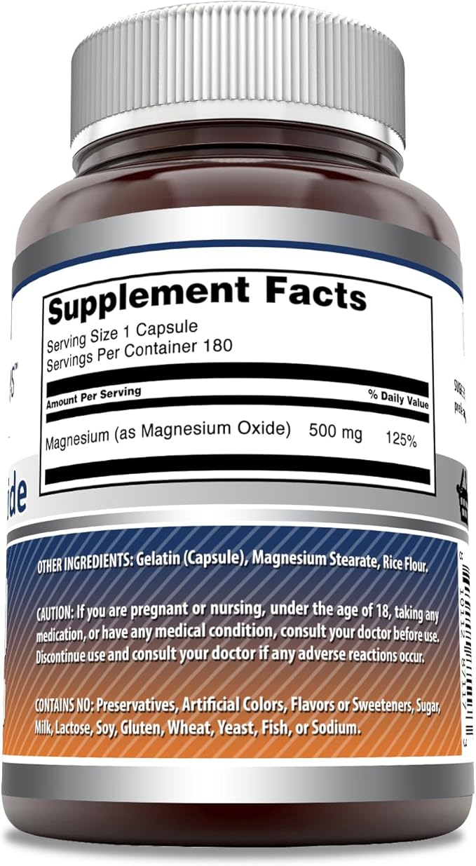 Amazing Formulas Magnesium Oxide Supplement | 500 Mg Per Serving | 180 Capsules | Non-GMO | Gluten-Free | Made in USA