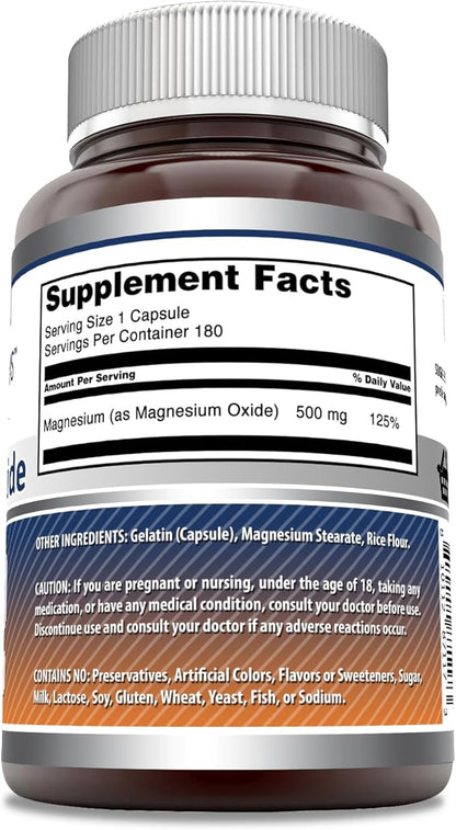 Amazing Formulas Magnesium Oxide Supplement | 500 Mg Per Serving | 180 Capsules | Non-GMO | Gluten-Free | Made in USA