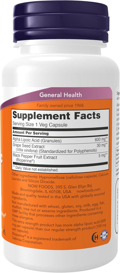 NOW Foods Supplements, Alpha Lipoic Acid 600 mg with Grape Seed Extract & Bioperine®, Extra Strength, 60 Count (Pack of 1)