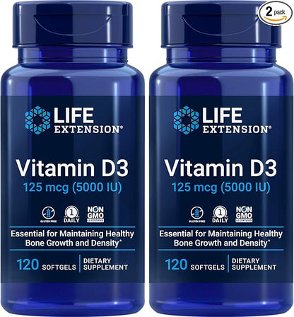 Life Extension Vitamin D3 5000 IU, 120 Softgels (Pack of 2)