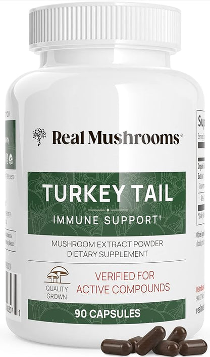 Real Mushrooms Turkey Tail Capsules - Organic Mushroom Supplement with Potent Extract for Gut, Energy, Brain, Immune Support Vegan Extract, Non-GMO, 90 Caps