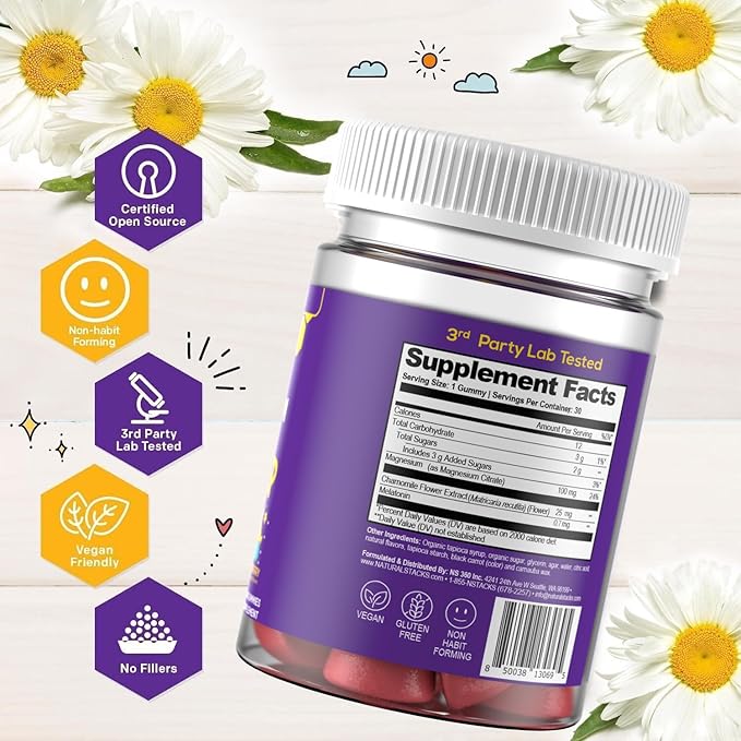 Natural Stacks Kids Sleep Magnesium Gummies with Melatonin - 100mg Magnesium Citrate - Melatonin Gummies for Sleep Quality - Nighttime Aid for Kids with Chamomile - 30 Mixed Berry Chewables