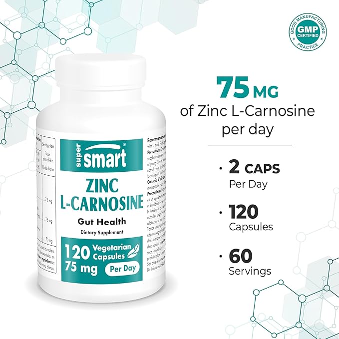 SuperSmart Zinc L-Carnosine 75mg per Day (Well-Tolerated) - Zinc Carnosine Supplement | Non-GMO & Gluten Free - 120 Vegetarian Capsules