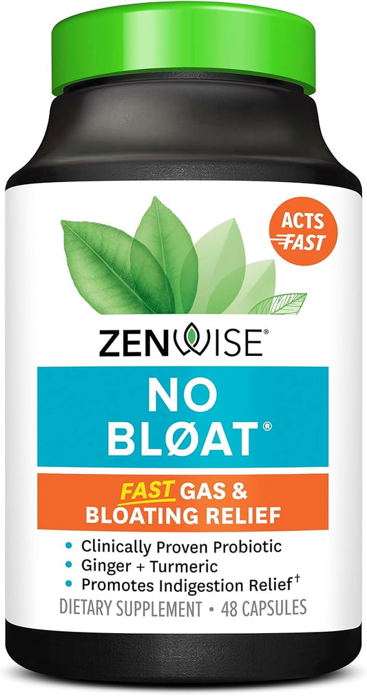 Zenwise Health NO Bloat Probiotics for Women and Men Digestive Health with Ginger, Dandelion, and Lactase, Digestive Enzymes for Gas and Bloating Relief - Vegan Water Retention Pills - 48 CT