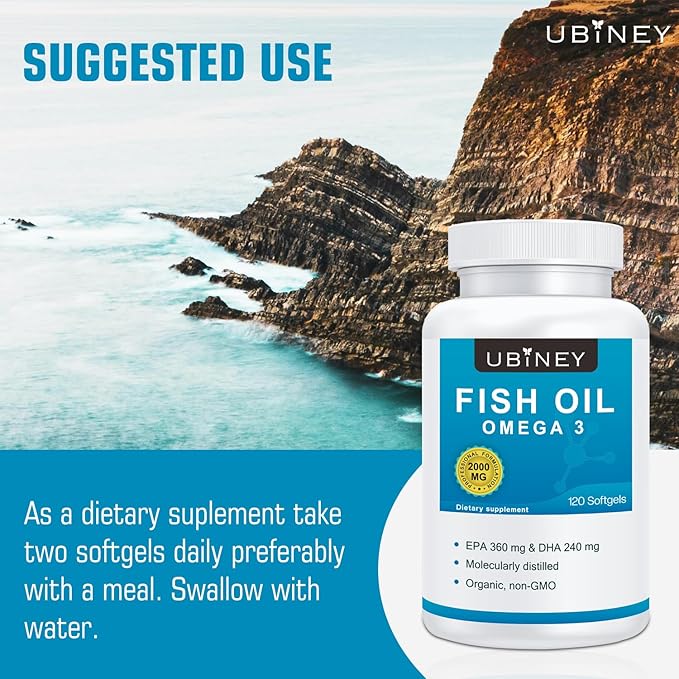 Omega 3 Fish Oil 2000mg Softgels, 120 Count - High Potency EPA 360mg + DHA 240mg, Burpless Fish Oil Supplement for Heart, Brain & Joint Health, Non-GMO, Molecularly Distilled, Vitamin E