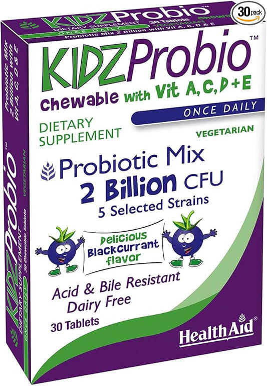 KidzProbio Chewable 30 CT Once Daily with Vitamin A, C, D+E, Probiotic Mix, 2 Billion CFU, 5 Selected Strains, Blackcurrant Flavor, Acid & Bile Resistant, Dairy Free, Vegetarian