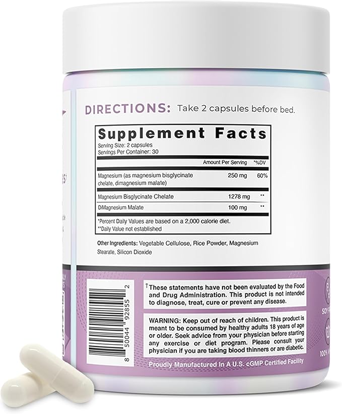One Sol Magnesium, 1378 mg Dual Source Magnesium Bisglycinate for Sleep, Relaxation and Full Body Recovery | High Absorption | Vegan, Non-GMO, Gluten & Soy-Free | Made in USA, 60 Capsules