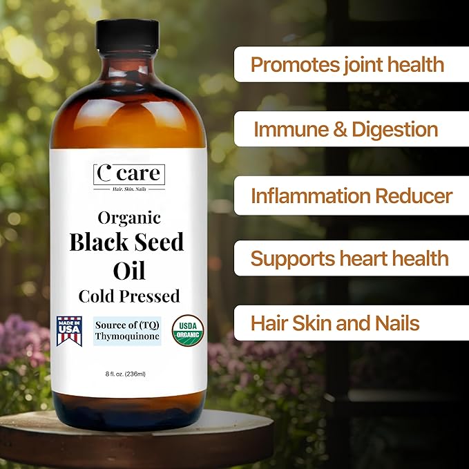 Black Seed Oil Organic Cold Pressed Unrefined Glass Bottle | USDA Certified Organic Black Cumin Seed Oil | High Thymoquinone Omega 3 6 9 | for Immune Support, Joints, Digestion, Hair, Skin | 16 Fl oz