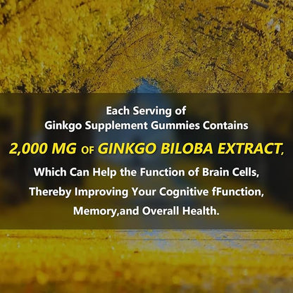1 Pack 2000mg Ginkgo Biloba Gummies - Ginkgo Biloba Supplements for Brain Health Support, Improve Mood and Focus, Energy, Adult, Vegen, Non-GMO, Strawberry Flavor, 60 Count