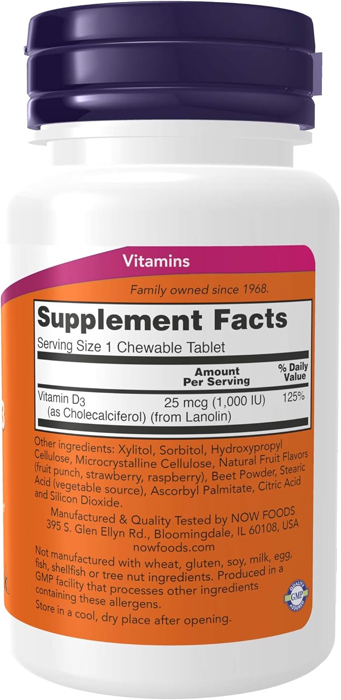 NOW Supplements, Vitamin D-3 1,000 IU, Natural Fruit Flavor, Structural Support*, 180 Chewables (Pack of 2)