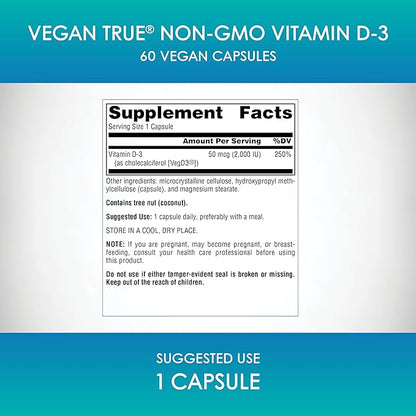 Source Naturals Vegan True, Non-GMO Vitamin D-3, Dietary Supplement for Immune and Bone Health*, 2,000 IU - 60 Capsules