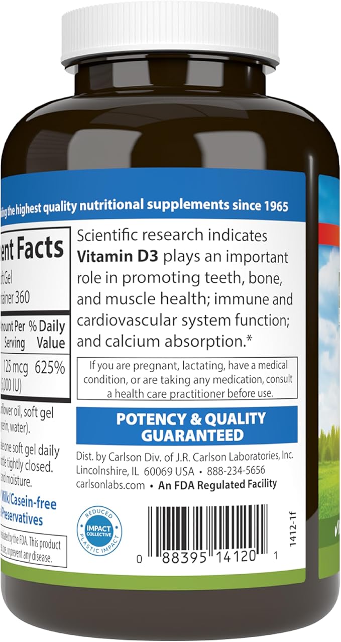 Carlson - Vitamin D3 5000 IU (125 mcg), Bone Health, Muscle Health, Cholecalciferol, Vitamin D Supplements, Vitamin D3 Soft Gels, 360 Softgels