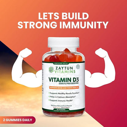 Zaytun Halal Vitamin D3 2000 IU Gummies, Supports Bone & Immune Health, Promotes Muscle Function, Gluten & Gelatin Free, 90 Natural Fruit Flavor Gummies, Made in USA - Halal Vitamins
