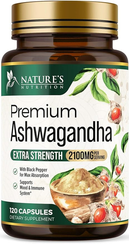 Herbal Ashwagandha 2,100 mg - Extra Strength Unwind, Calm & Relax Support with Black Pepper - Natural Focus & Energy Support - Ashwagandha Powder Supplements - Vegan, Gluten Free - 120 Capsules
