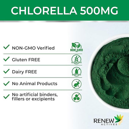Renew Actives Chlorella Capsules 500mg - Rich in Antioxidants & Nutrients - Natural Source for Cellular Health, Vitality, & Wellness - Made in Canada - 120 Easy-to-Swallow Vegan Capsules