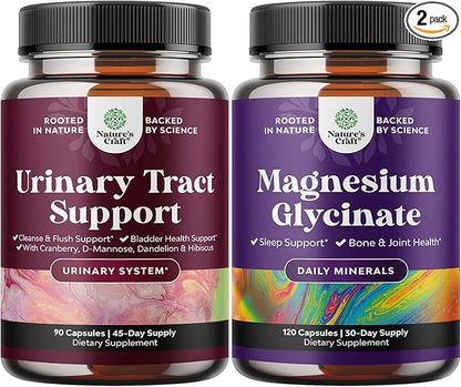 Bundle of D Mannose Capsules for Urinary Tract Health for Women Fast Acting Super Concentrated Cranberry 90ct and Pure Magnesium Glycinate 400mg Per Serving for Mood Sleep and Relaxation