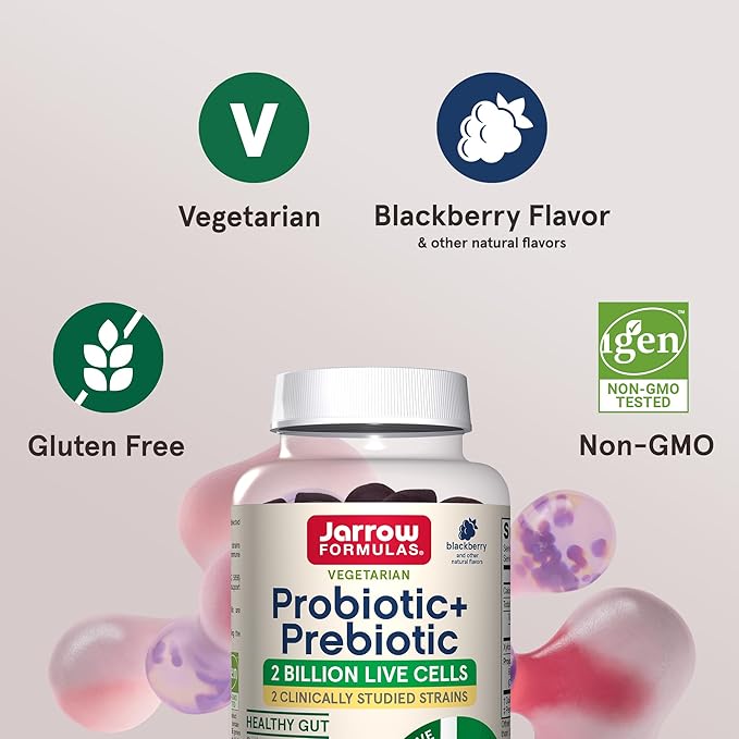 Jarrow Formulas Probiotic+ Prebiotic 2 Billion Live Cells Supplement, Digestive Health and Immune Support, 60 BlackBerry Flavor Probiotic+ Prebiotic Gummies, 30 Day Supply