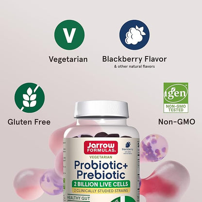 Jarrow Formulas Probiotic+ Prebiotic 2 Billion Live Cells Supplement, Digestive Health and Immune Support, 60 BlackBerry Flavor Probiotic+ Prebiotic Gummies, 30 Day Supply