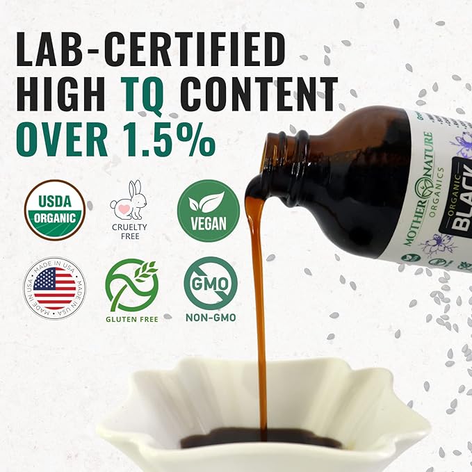 Mother Nature USDA Organic Black Seed Oil – Cold Pressed, Unrefined & Vegan Nigella Sativa, High Thymoquinone (2%+), Omega 3 6 9 for Immune, Joint & Heart Support, Hair & Skin, Non-GMO, 4oz