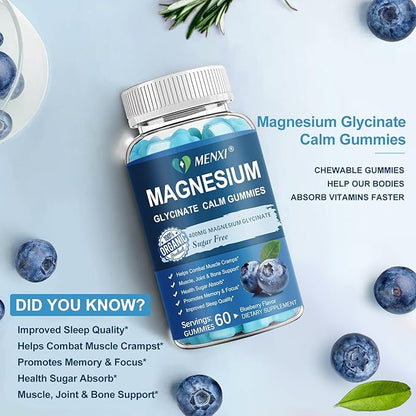 Magnesium Gummies 600mg per Serving-Magnesium Glycinate 400mg and Magnesium Malate 200mg,Sugar Free Magnesium Potassium Supplement for Calm Mood, Muscle, Bone & Energy Support,120 Blueberry Gummies