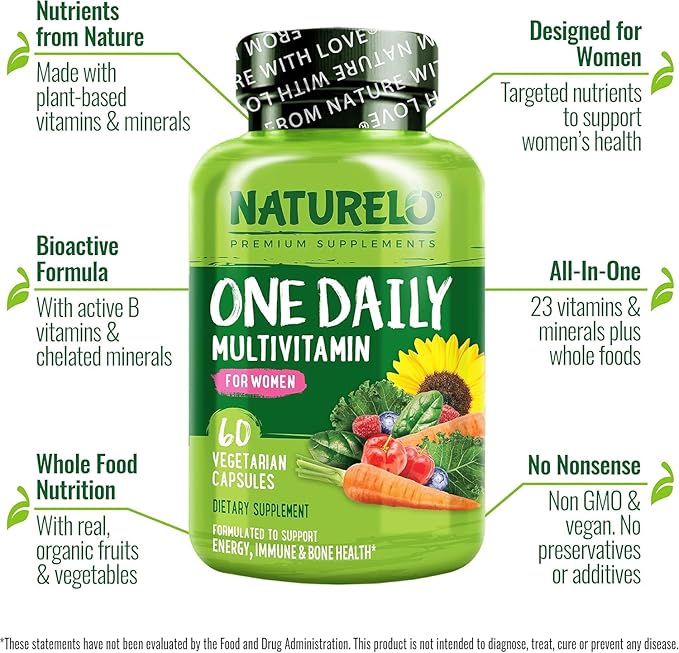 NATURELO One Daily Multivitamin for Women - Energy Support - Whole Food Supplement to Nourish Hair, Skin, Nails - Non-GMO - No Soy - Gluten Free - 60 Capsules - 2 Month Supply