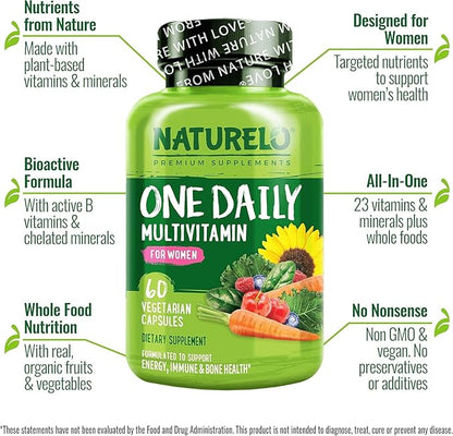 NATURELO One Daily Multivitamin for Women - Energy Support - Whole Food Supplement to Nourish Hair, Skin, Nails - Non-GMO - No Soy - Gluten Free - 60 Capsules - 2 Month Supply